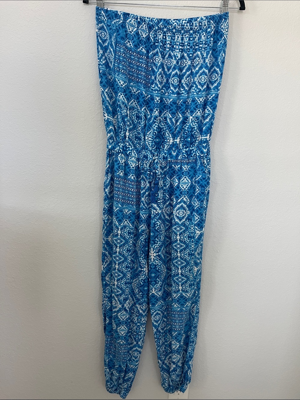 blue island Blue and White Printedโ Strapless Jumpsuit